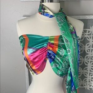 Shein bandeau top with matching tie/scarf/belt size small mixed print satin